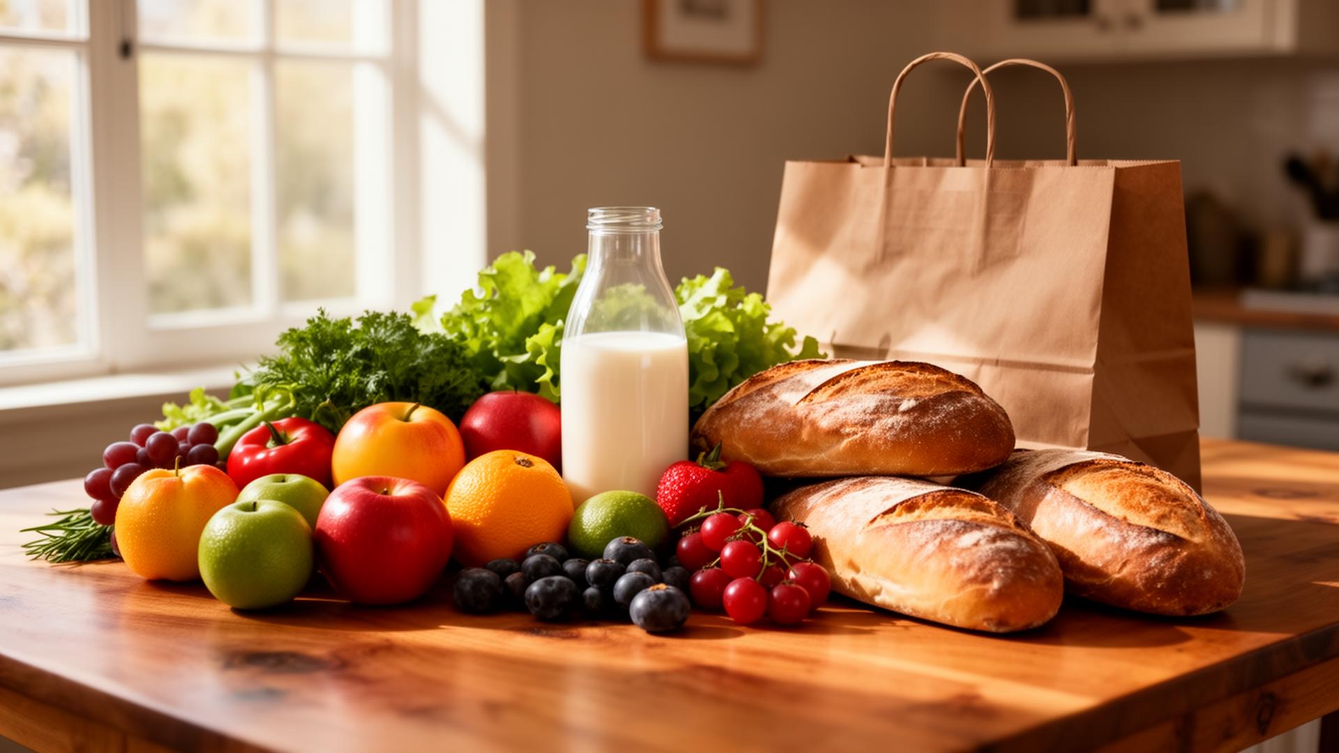 Mesa de madeira com frutas, pão e leite frescos